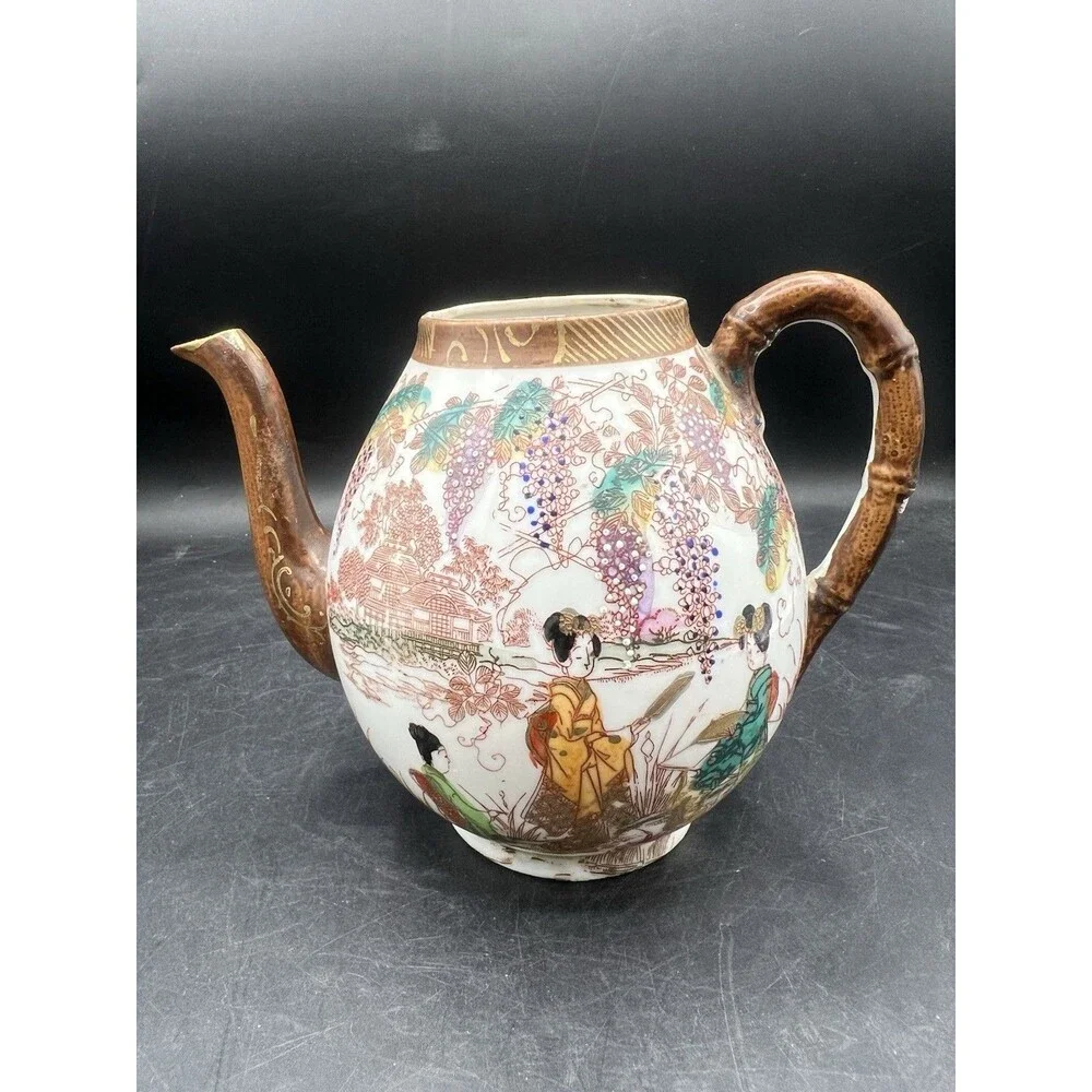 Antique Japanese Kutani Moriage Porcelain Tea Coffee Pitcher Meiji Gilt Decor